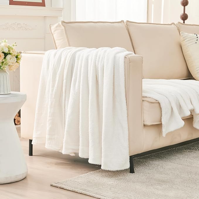 EMME White Throw Blanket Muslin and Fleece Blanket - Image 6