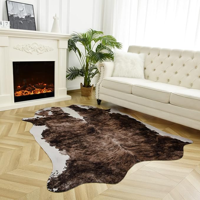 Easycozy Faux Cowhide Rug Large Cow Print 8 x 10 Feet Thickened Elastic Cowhide by HomeWesternDecoration