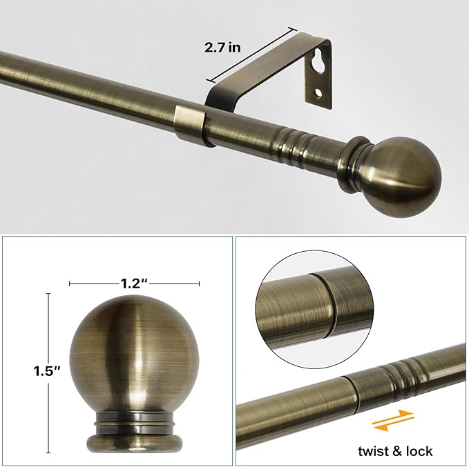 Antique Brass Curtain Rods for Windows 30 to 62 inch, 5/8 inch Brushed Brass - Image 2