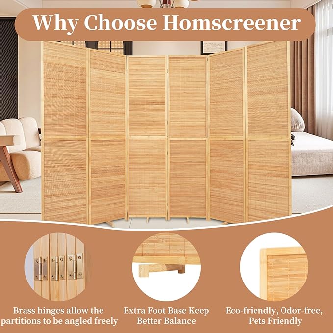 Room Divider Folding Privacy Screens, Hand-Made 67'' High Bamboo Room Dividers - Image 3