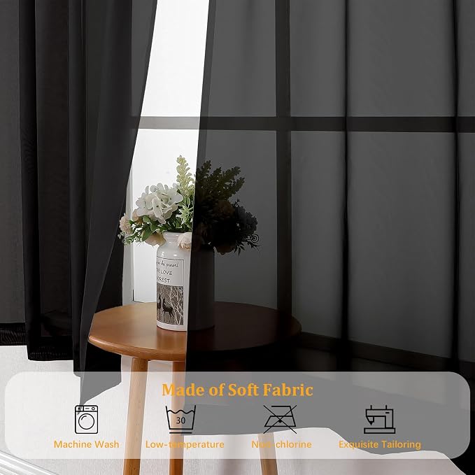 Gwine Black Sheer Curtains 72 Inches Long 2 Panels, Light Filtering Sheer - Image 7