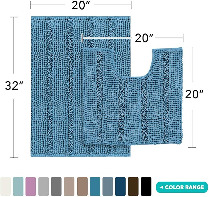 Turquoize Chenille Bathroom Rugs Set Non-Slip Bath Mats - Image 2