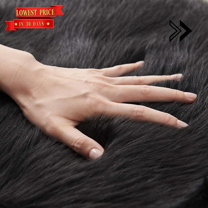 SERISSA Ultra Soft Faux Fur Area Rug Black Fluffy Rug Plush Chair Cover Seat - Image 2