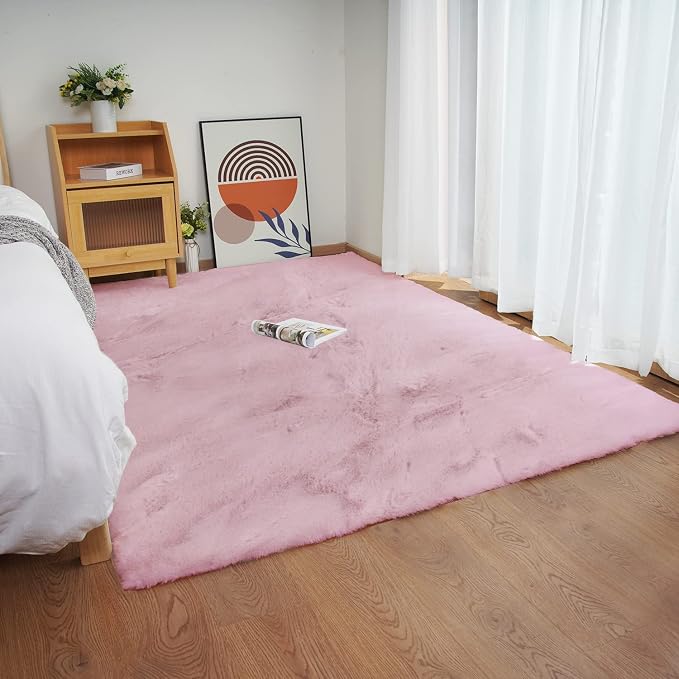 Ghouse Pink Faux Rabbit Fur Rug 6x9 Machine Washable Area Rugs by Ghouse