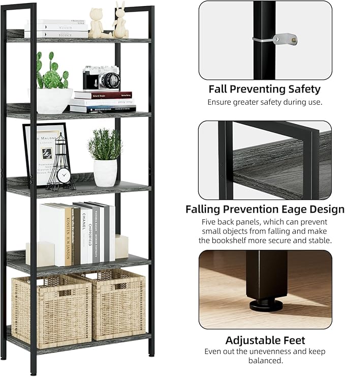 NUMENN Bookshelf, 5 Tier Bookshelves, Home Office Bookcase Shelf Storage - Image 6