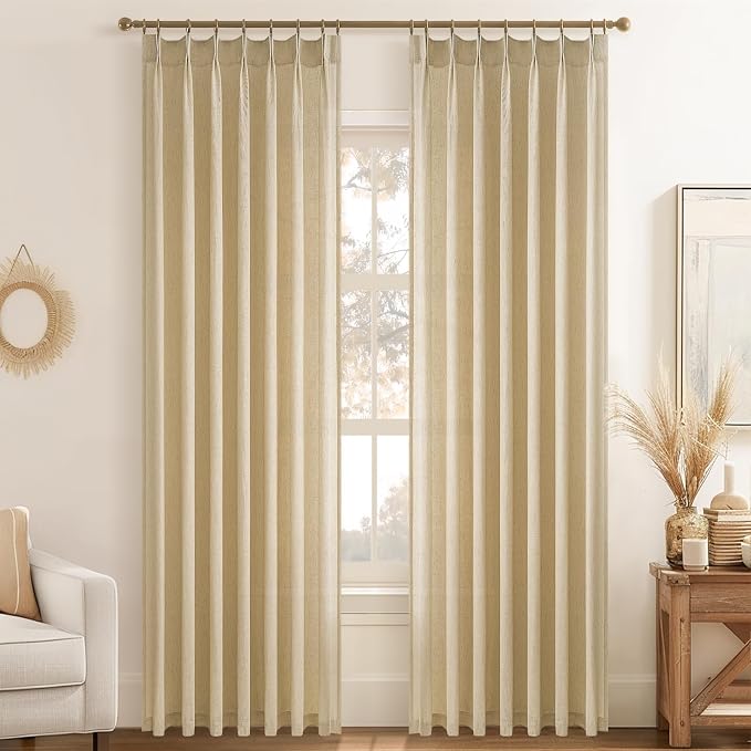 108 Inch Pinch Pleated Linen Curtains 2 Panels, Natural Beige Semi Sheer - Image 8