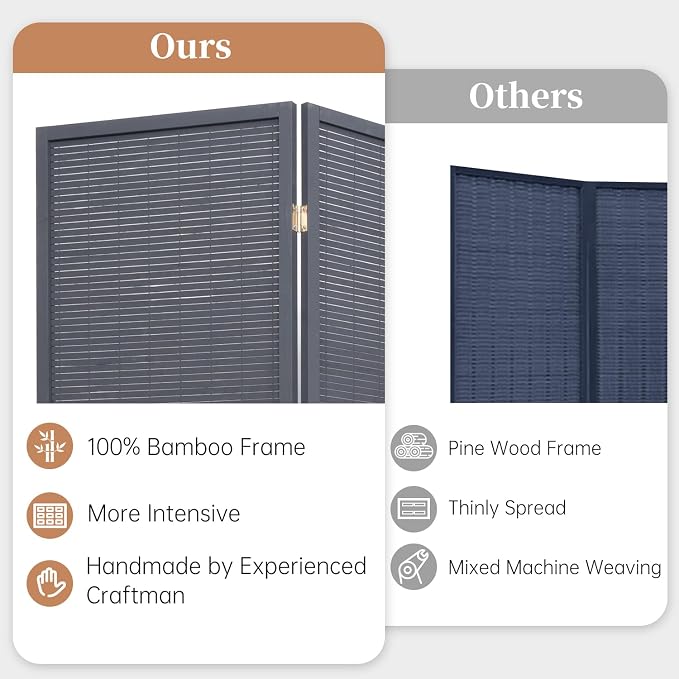 Room Divider Folding Privacy Screens, Hand-Made 67'' High Bamboo Room Dividers - Image 2