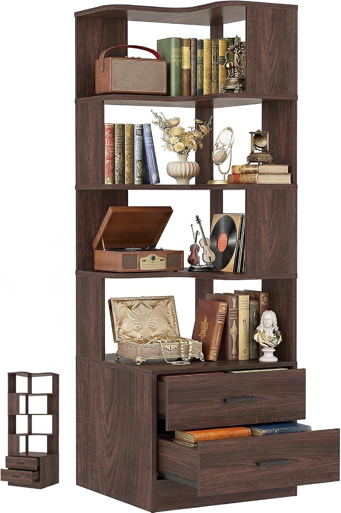 Armocity Corner Bookshelf with Drawers, 7 Tier Corner Book Shelf Display by Armocity