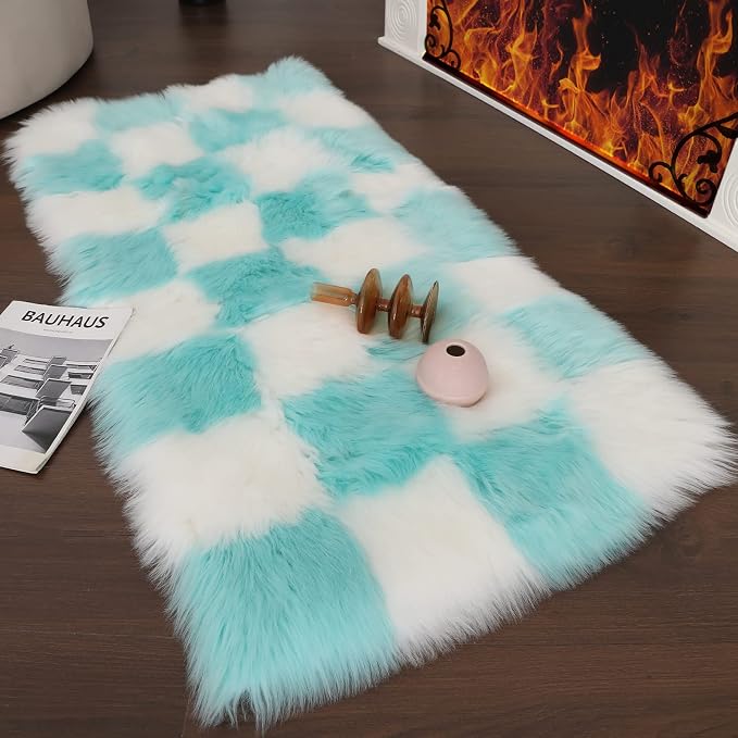 Fluffy Faux Fur Blue and White Checkered Rug，Small Area Rug, 2x4 Ft Ultra Soft by CKLZSAY