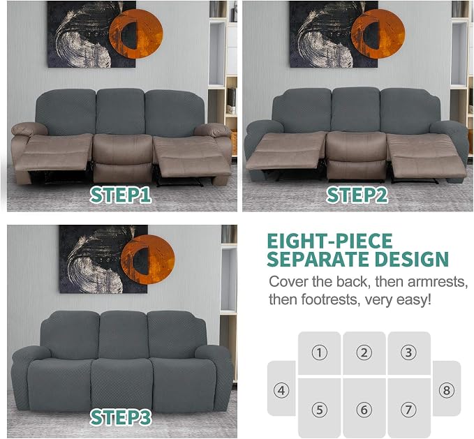 YEMYHOM 8 Pieces Stretch Recliner Sofa Cover Latest Jacquard Reclining Couch - Image 7