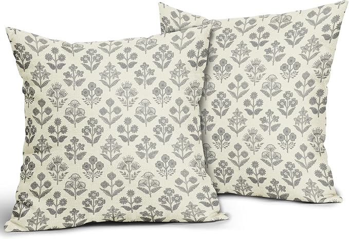 Grey Gray Floral Pillow Covers 16x16 Inch Set of 2, Vintage Flower Block Print - Image 2