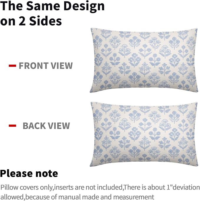 Baby Blue Floral Pillow Covers 12x20 Inch Set of 2, Vintage Flower Block Print - Image 4