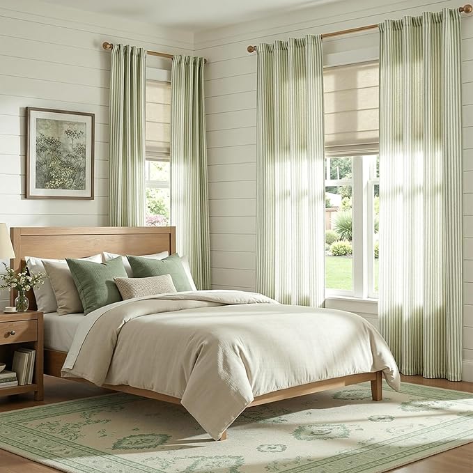 jinchan Linen Curtains for Living Room Sage Green on Beige Striped Curtains for - Image 4