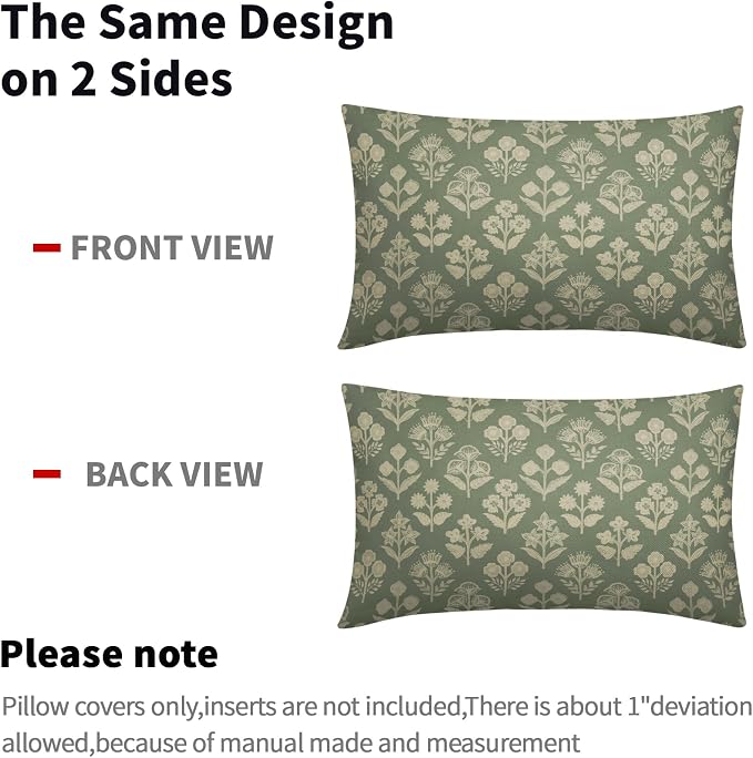 Sage Green Pillow Covers 12x20 Inch Set of 2, Cream Floral Block Print Pattern - Image 4