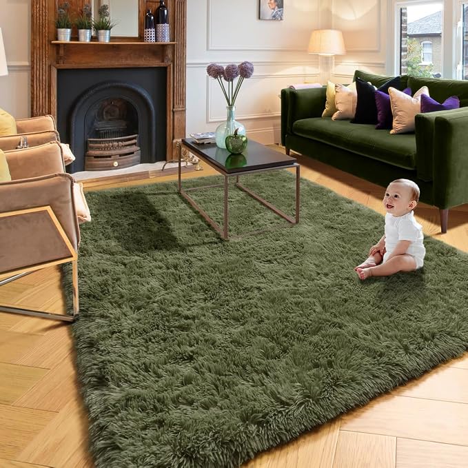 Amdrebio Olive Green Rugs for Bedroom Living Room, Fluffy Shaggy Modern Area - Image 4