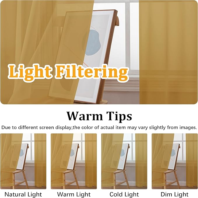 Gwine Gold Sheer Kitchen Curtains 36 Inch Length, Light Filtering Voile Soft - Image 5