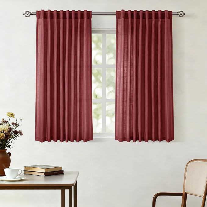 Burgundy Curtains for Living Room Back Tab Modern Farmhouse Semi Sheer Burgundy by Jolilight
