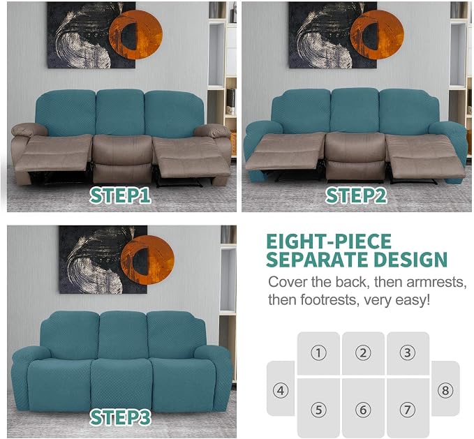 YEMYHOM 8 Pieces Stretch Recliner Sofa Cover Latest Jacquard Reclining Couch - Image 7