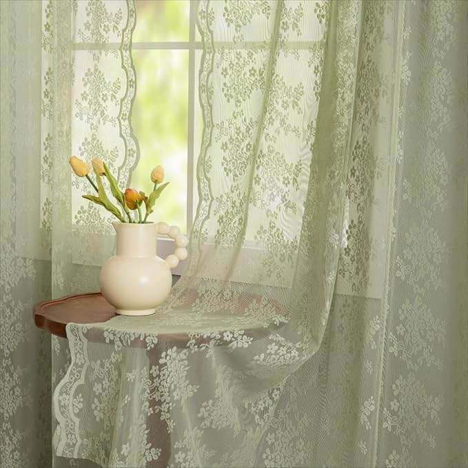 YJ YANJUN Vintage Lace Curtains 120 Inch Length-Victorian Floral Pattern Sage - Image 2