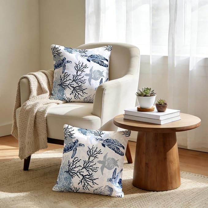 Cute Nautical Blue Pillow Covers Set of 2, Coastal Beach Themed Coral Sea - Image 2