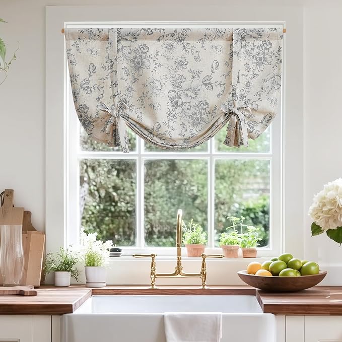 jinchan Tie Up Curtain Double Layer Linen Roman Shades Valance Curtain Floral - Image 2