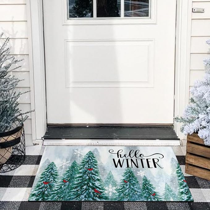 Hello Winter Door Mat Outdoor for Front Door, Pine Trees Snowy Forest Red - Image 4