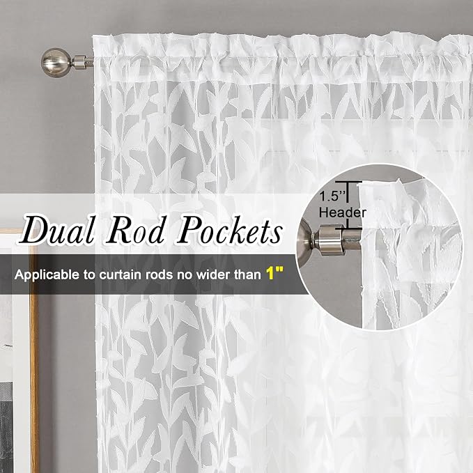 Lecloud Leia Texture White Curtains Sheer Valance 14 Inch Long 2 PCS, Dual Rod - Image 2