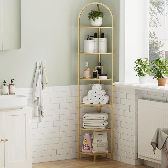 Homhedy 6-Tier Corner Shelf Stand, Metal Corner Bookshelf, Tempered Glass - Image 4