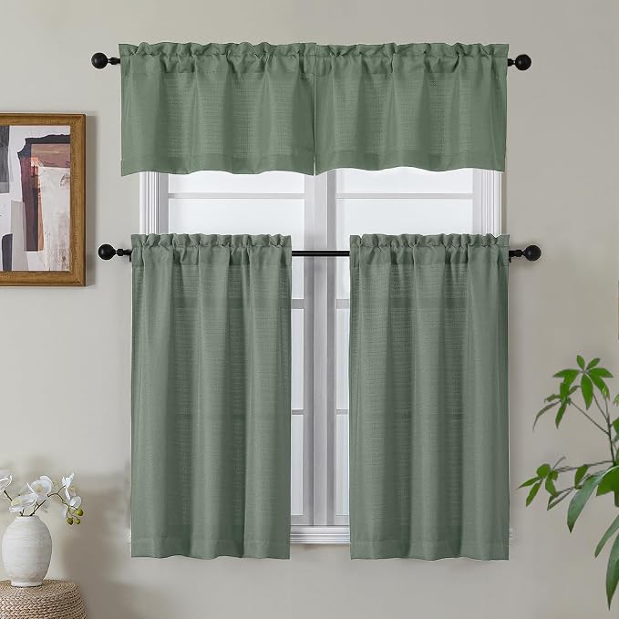 Gwine Sage Green Valance Curtain, Light Filtering Faux Linen Textured Valance - Image 2