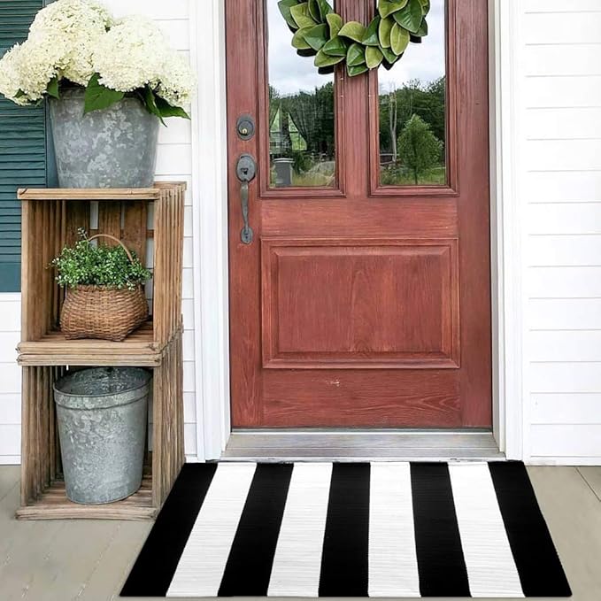 KOZYFLY Black and White Striped Rug Doormat 23.5' x 35.4' Cotton Woven Washable by KOZYFLY