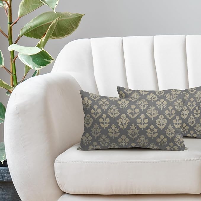 Grey Gray Pillow Covers 12x20 Inch Set of 2, Cream Floral Block Print Pattern - Image 5