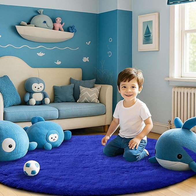Fluffy Round Rugs for Bedroom Blue: 4ft Fluffy Circle Area Rug for Kids Room- by CAIYUECS