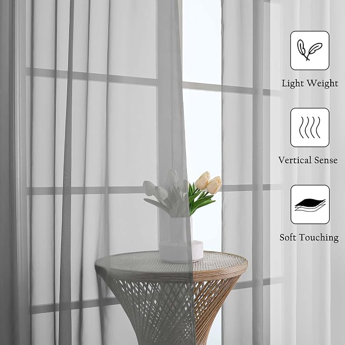 Lecloud Charcoal Grey Sheer Curtains 63 Inch Length 2 Panels, Rod Pocket Light - Image 6