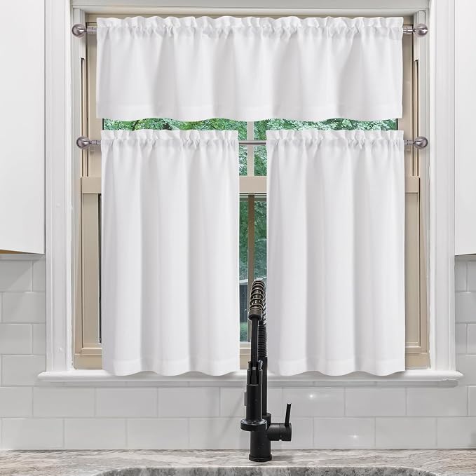 Chyhomenyc White Curtains 30 Inch Length, Faux Linen Textured Small Cafe Curtain - Image 2