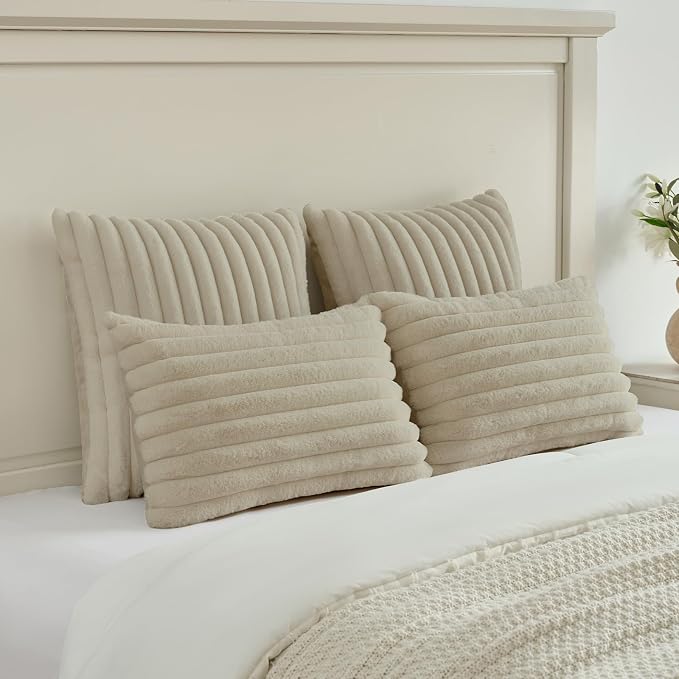 FUTEI Beige Decorative Throw Pillow Covers Set of 2, 16x16 Inch Soft Fluffy - Image 5