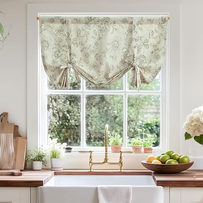 jinchan Tie Up Curtain Double Layer Linen Roman Shades Valance Curtain Floral - Image 2