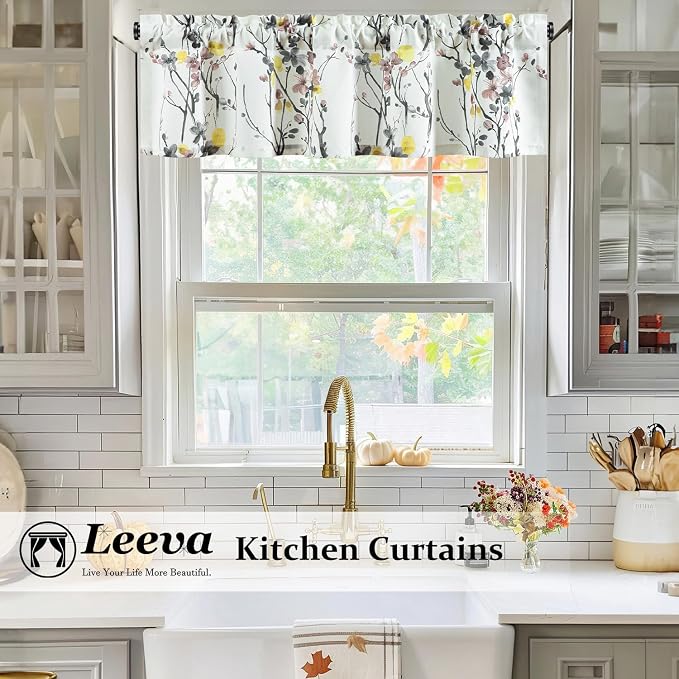Leeva Kitchen Decorative Curtain Valance, Floral Print Linen Look Window - Image 2
