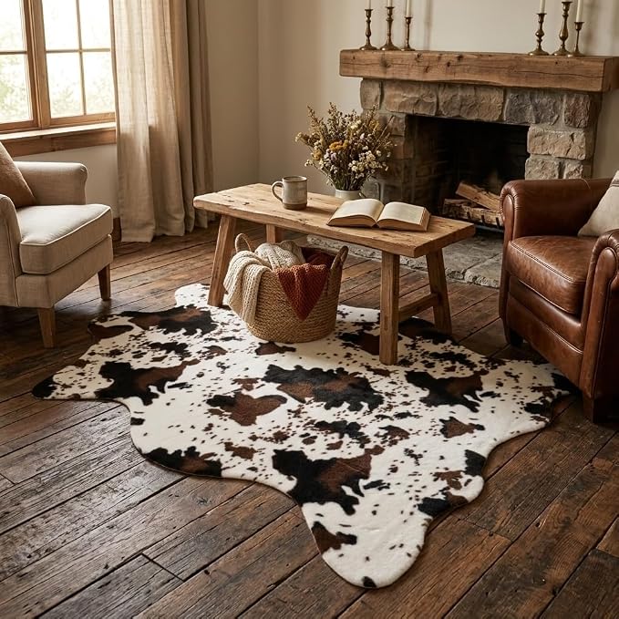 MustMat Brown Faux Cowhide Rug Western Cowboy Cow Print Fur Skin Area Carpet - Image 4