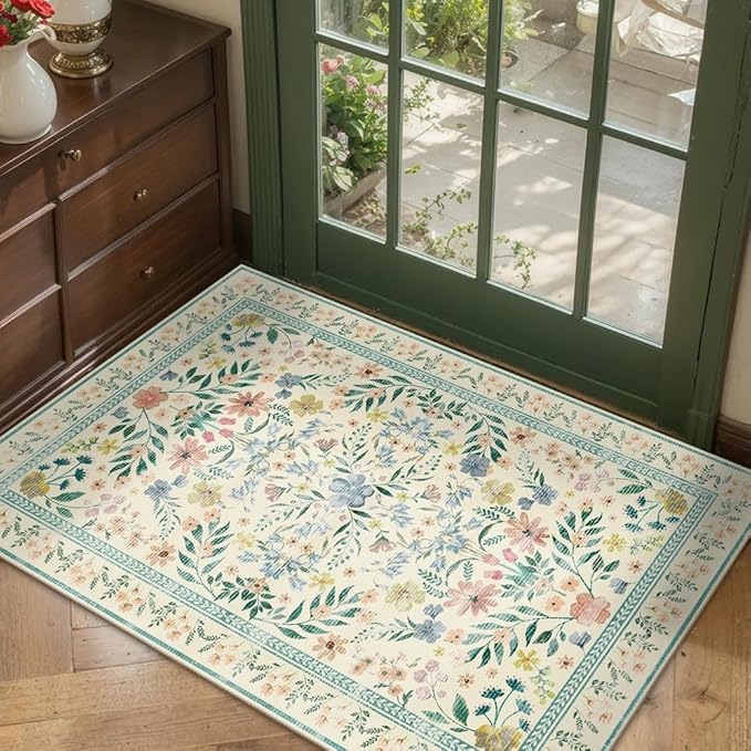 Rugxara Door Mat Floral Entryway Rug, Washable Samll 2x3 Rug, Boho Green Front by Rugxara