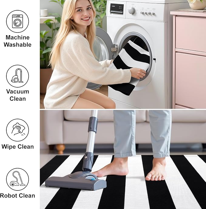 OLANLY Black and White Striped Rug 5' x 7' – Washable Cotton Indoor Outdoor - Image 2