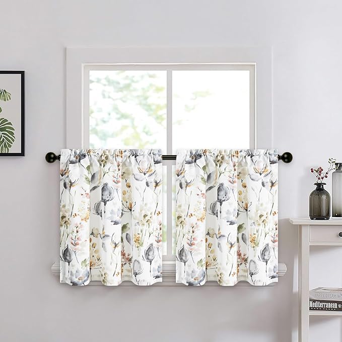 Leeva Tiers Curtains for Kitchen Windows, Farmhouse Style Flower Print View by Leeva