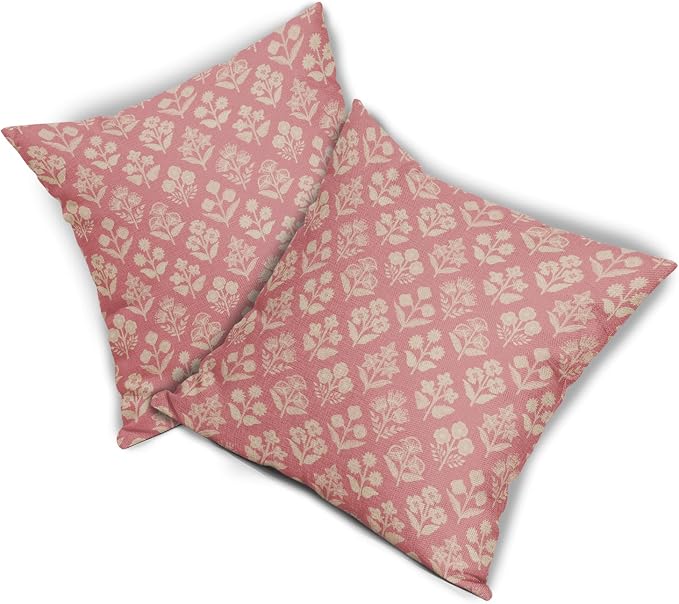 Pink Floral Block Print Pillow Covers 16x16 Inch Set of 2, Vintage Flower - Image 8