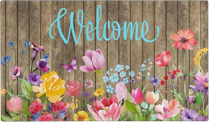 Spring Summer Door Mat, Colorful Flower Watercolor Floral Indoor Outdoor by Xsinufn