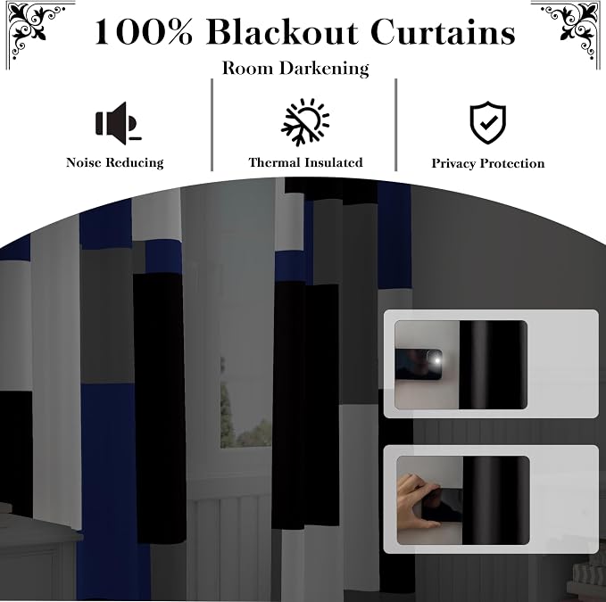Tyrot Navy Blue Grey 100% Blackout Curtains - Image 3