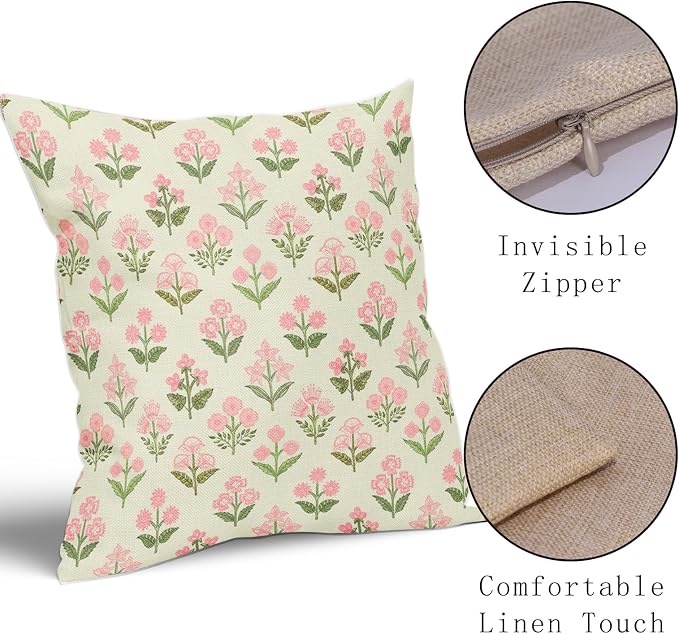 Pink Green Floral Pillow Covers 24x24 Inch Set of 2, Vintage Flower Block Print - Image 4
