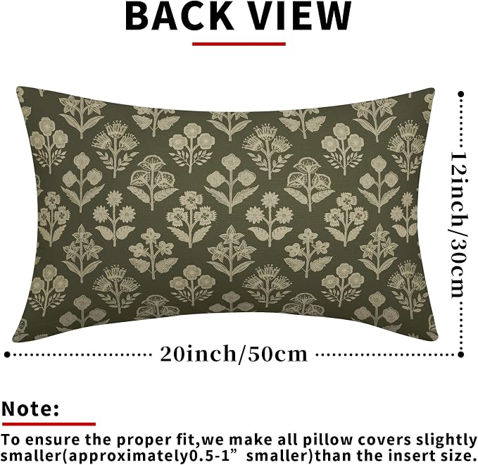 Olive Green Pillow Covers 12x20 Inch Set of 2, Cream Floral Block Print Pattern - Image 3
