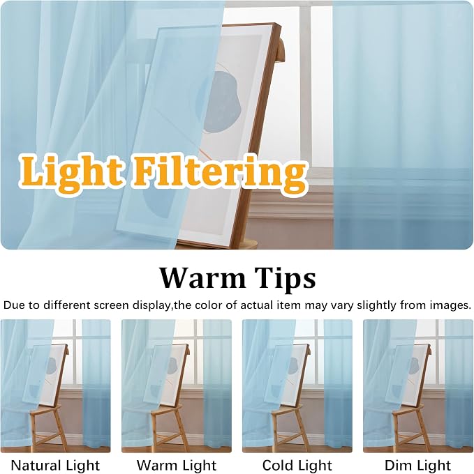 Gwine Sky Blue Sheer Curtains for Bedroom 54 inches Long 2 Panels, Light - Image 5