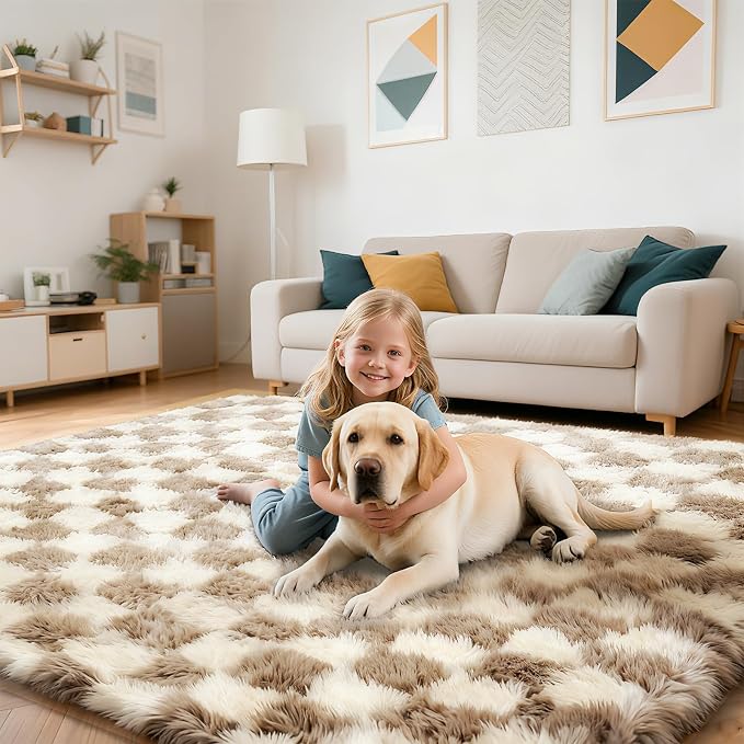 Checkered Rug for Living Room, 6x9 Beige and White Area Rugs, Classic Checkered - Image 5