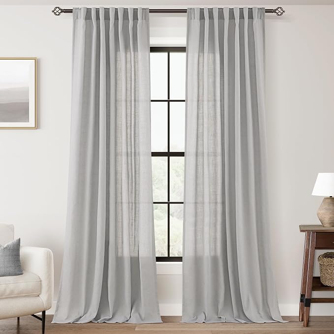 Linen Blend Grey Curtains for Living Room Back Tab Modern Farmhouse Semi Sheer by Jolilight