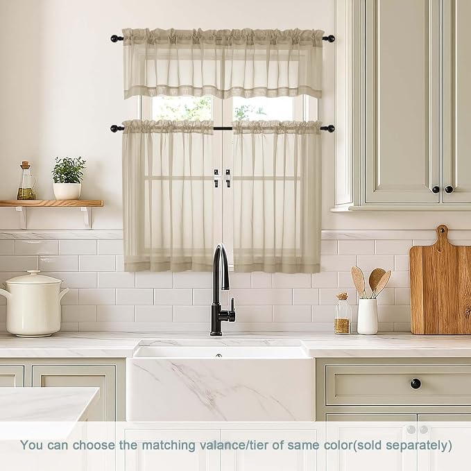 Taupe Sheer Curtains Tier 30 Inches Length 2 Panels Set, Light Filtering - Image 2